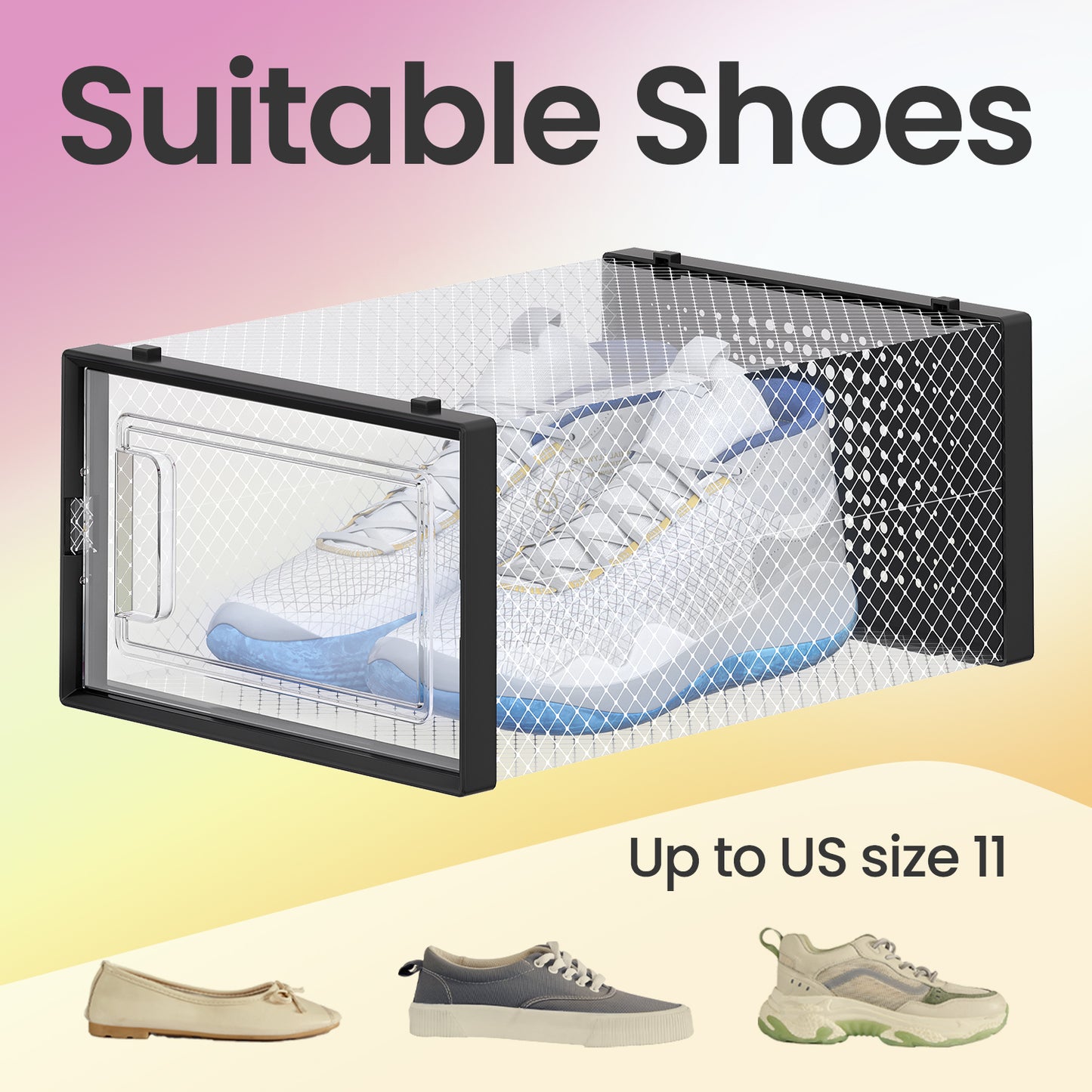 12-Pack Clear View Shoe Organizers - Stackable Plastic Storage Boxes for Closet, Fits Size 11, Easy Snap Assembly, Transparent and Black