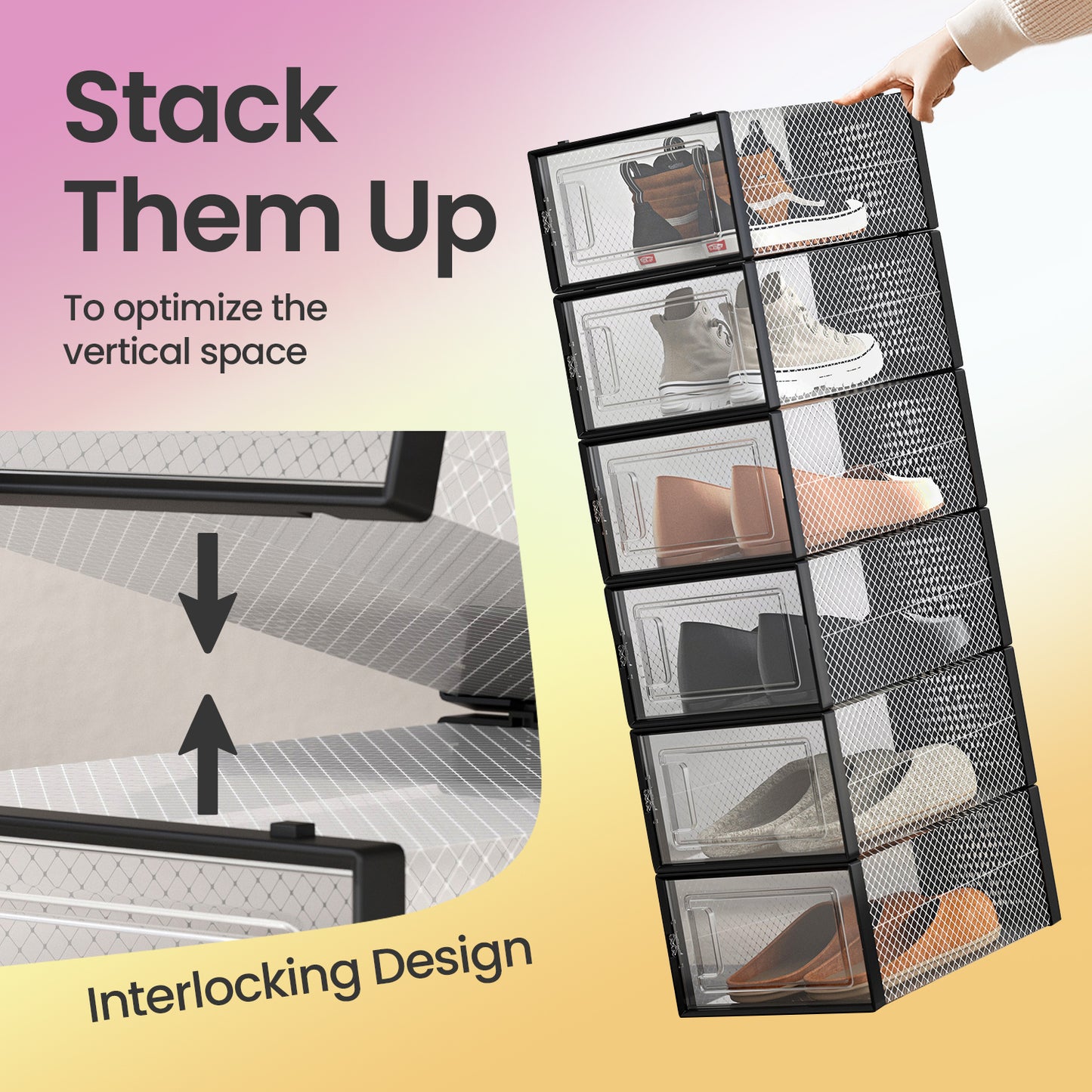 12-Pack Clear View Shoe Organizers - Stackable Plastic Storage Boxes for Closet, Fits Size 11, Easy Snap Assembly, Transparent and Black
