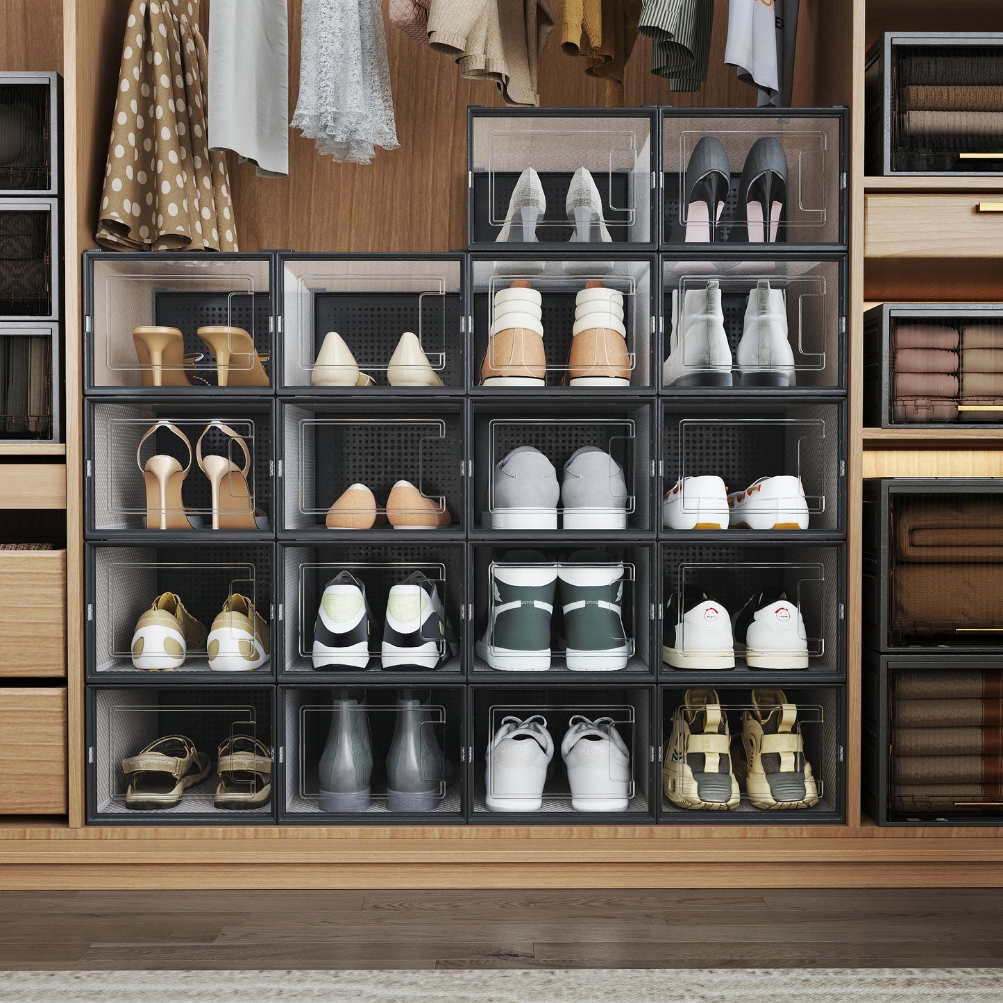 18-Pack Extra Large Shoe Boxes - Clear Stackable Organizers with Ventilation, Fits Size 13, Foldable for Closet, Transparent and Black