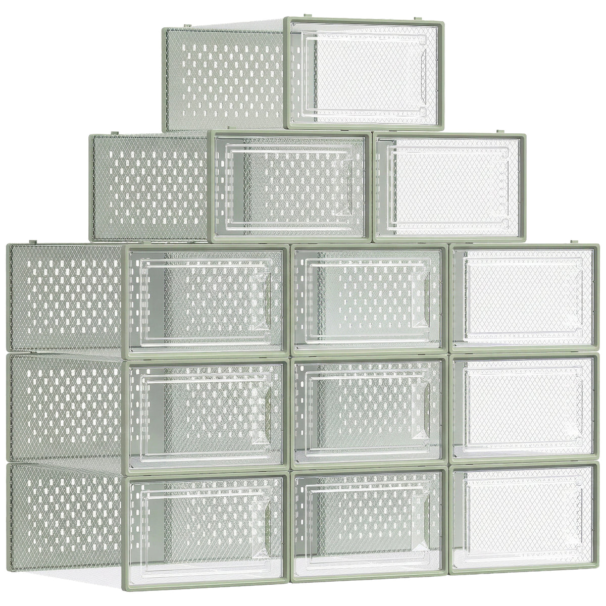 LEDREM Set of 12 Stackable Shoe Organizers, Foldable Storage Boxes for Sneakers, Transparent and Green
