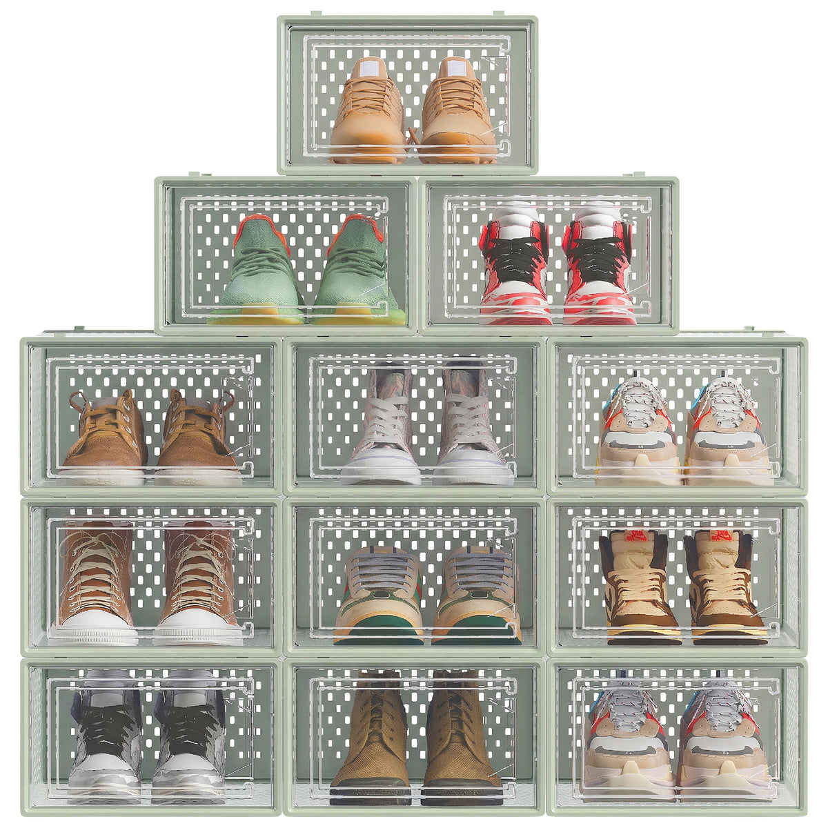 LEDREM Set of 12 Stackable Shoe Organizers, Foldable Storage Boxes for Sneakers, Transparent and Green