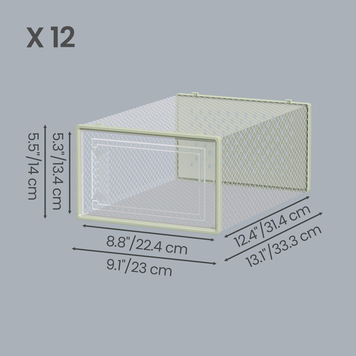 LEDREM Set of 12 Stackable Shoe Organizers, Foldable Storage Boxes for Sneakers, Transparent and Green