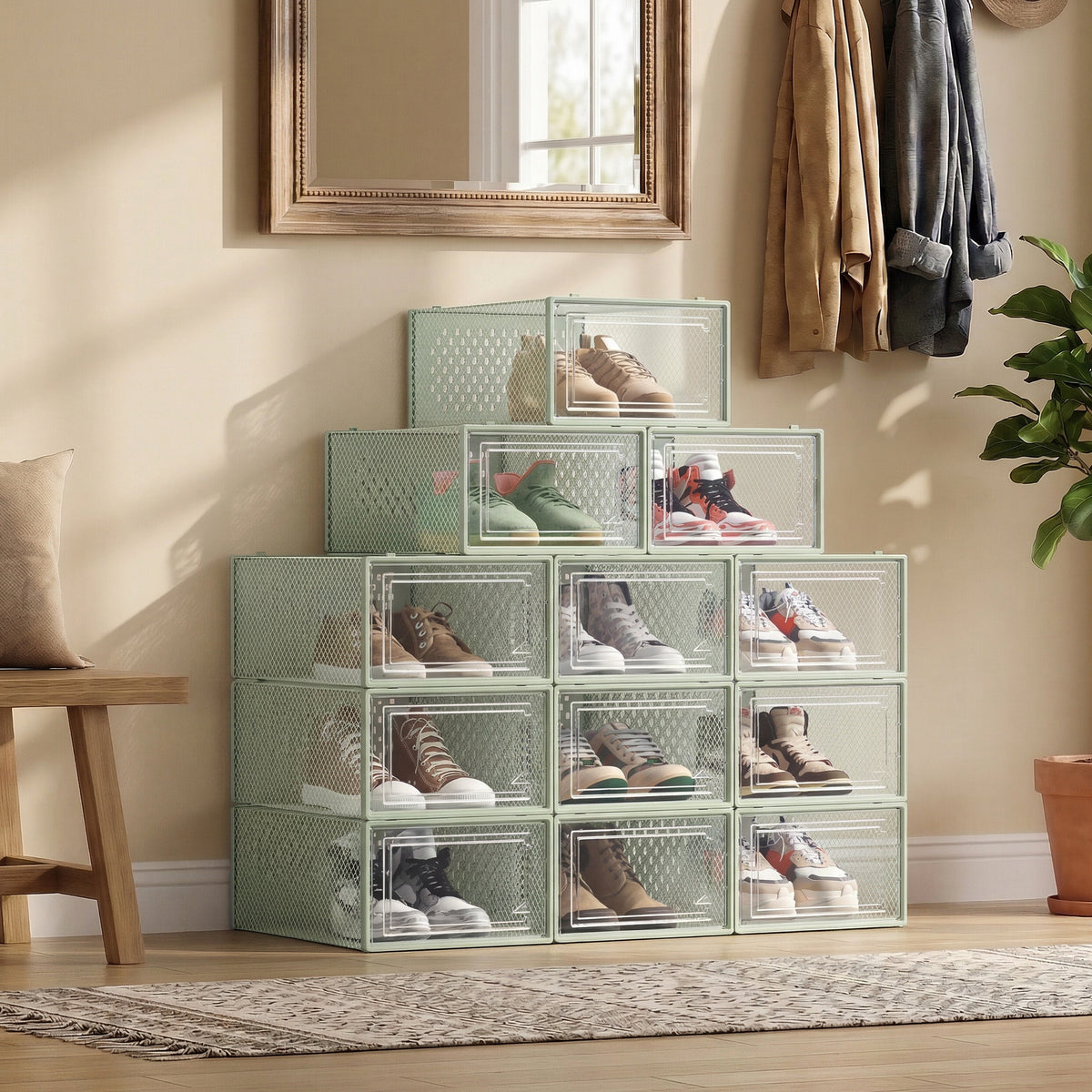 LEDREM Set of 12 Stackable Shoe Organizers, Foldable Storage Boxes for Sneakers, Transparent and Green