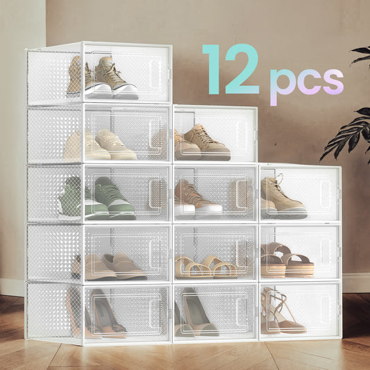12-Pack Stackable Shoe Boxes with Clear Front Doors – Easy-Slide Organizers for Sneakers, Heels & Flats, Fits Up to Size 11, Transparent and White