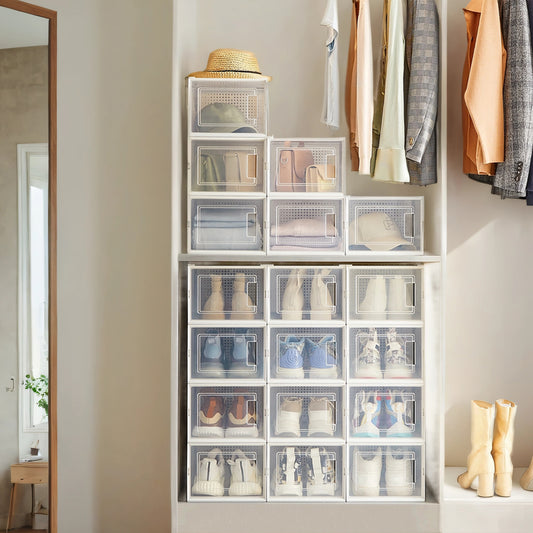 18-Pack Stackable Shoe Storage Boxes – Clear Front-Door Organizers for Sneakers, Heels & Flats, Fits Up to Size 13, Transparent and White