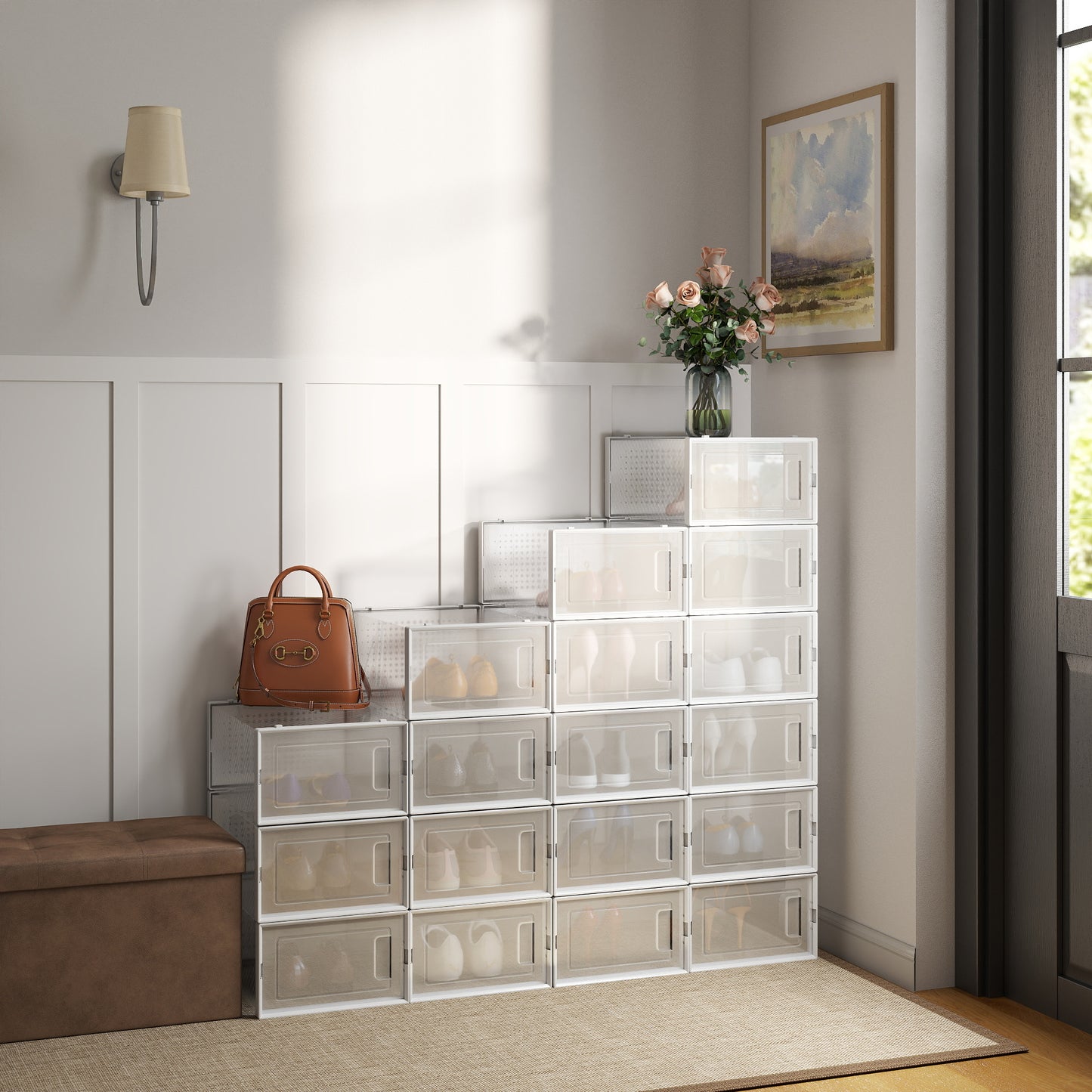 Set of 18 Clear Plastic Shoe Boxes, Stackable Shoe Storage Organizers with Front Doors, for Closet, Sneakers, Fits US Size 11, Transparent and White