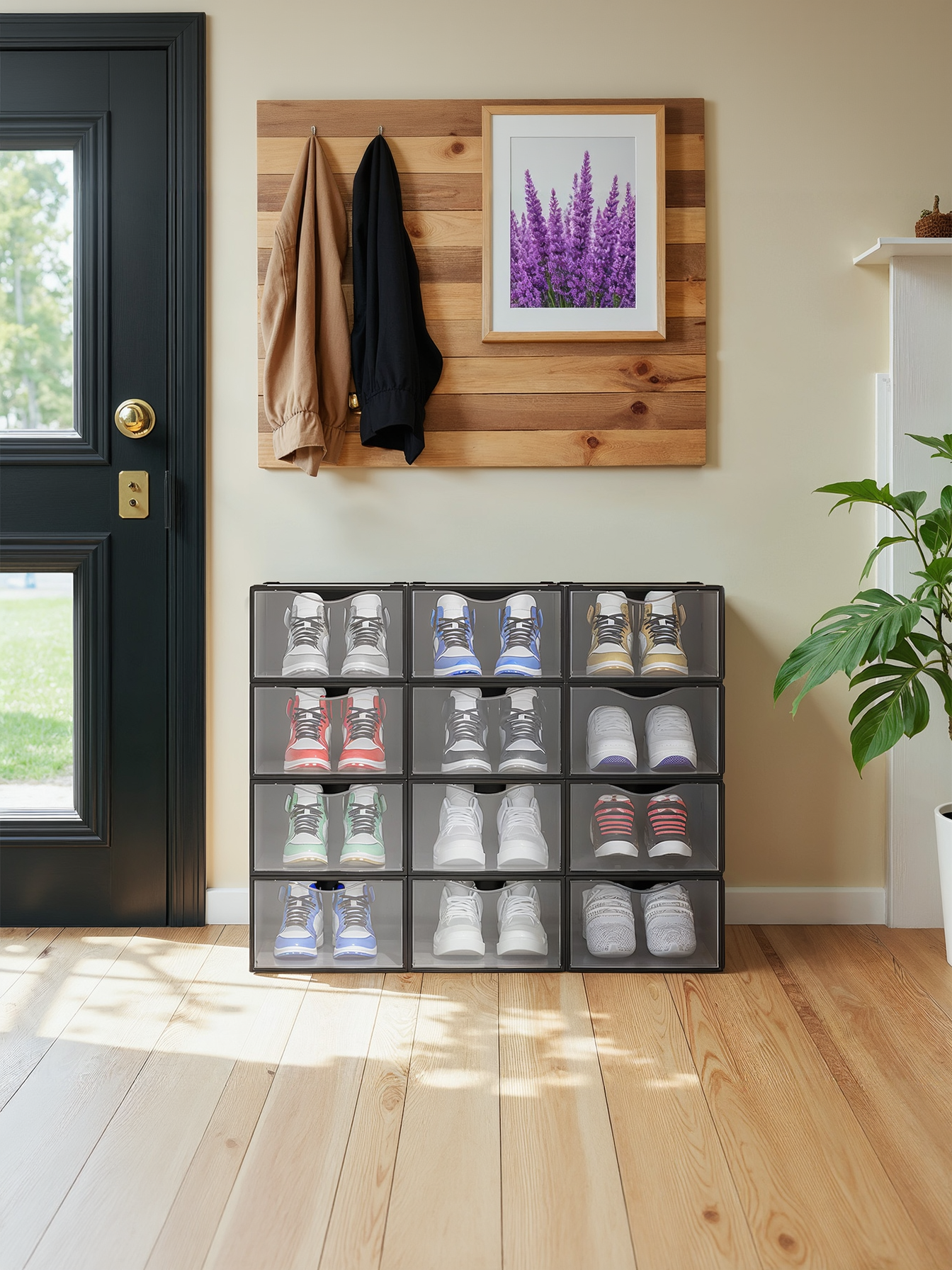 12 Pack Stackable Shoe Boxes, Transparent and Ink Black Plastic Shoe Storage Organizers for Closet, Sneaker Containers
