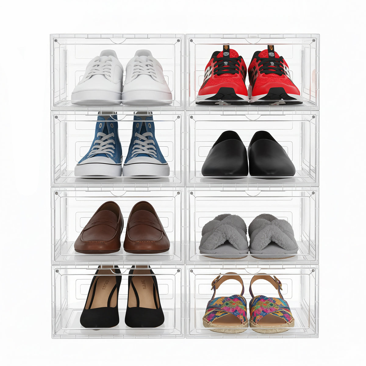 Stackable Shoe Boxes 8 Pack Clear Plastic Storage with Magnetic Door 13 x 11.2 x 7.5 Inches White