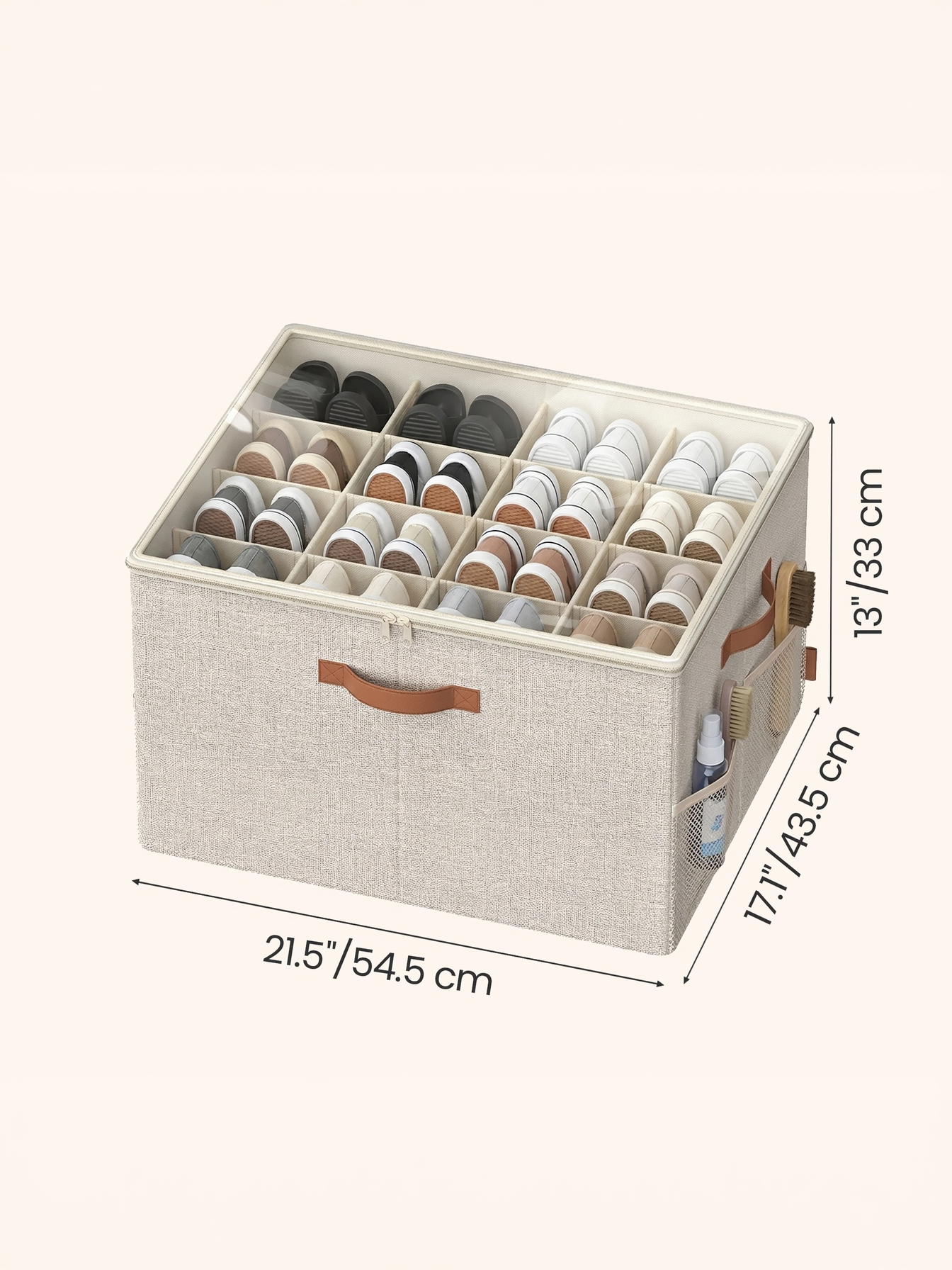 Shoe Storage Bin with Clear Cover, Adjustable Dividers Fabric Organizer for 16 Pairs of Shoes, Portable and Customizable, Cappuccino Beige