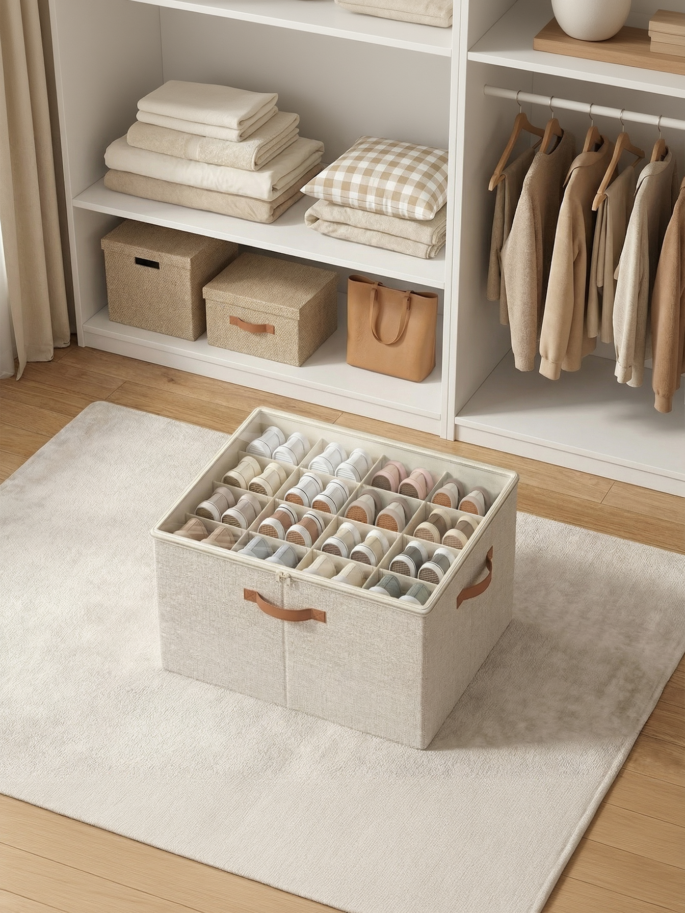 Shoe Storage Bin with Clear Cover, Adjustable Dividers Fabric Organizer for 16 Pairs of Shoes, Portable and Customizable, Cappuccino Beige