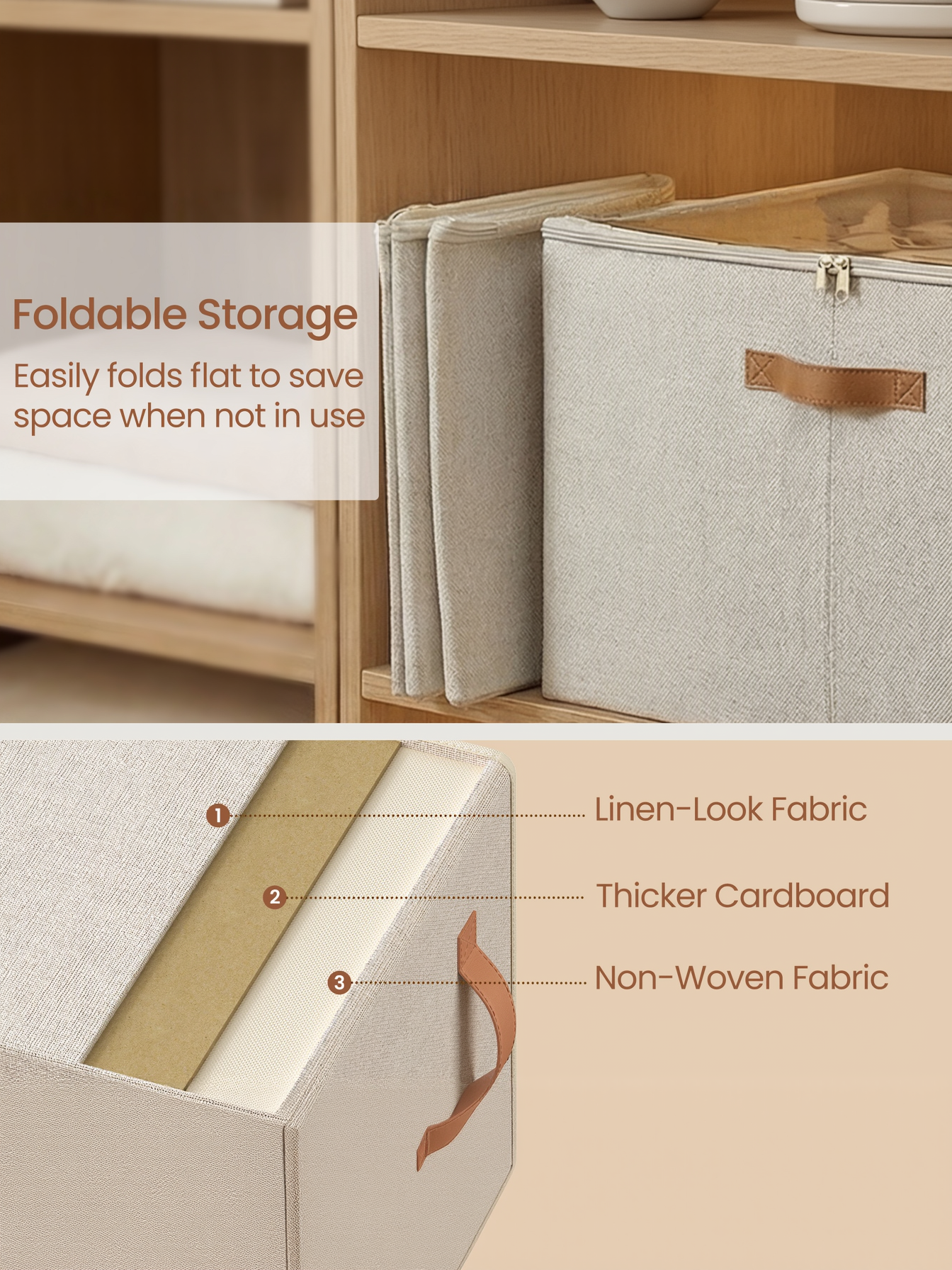 Shoe Storage Bin with Clear Cover, Adjustable Dividers Fabric Organizer for 16 Pairs of Shoes, Portable and Customizable, Cappuccino Beige