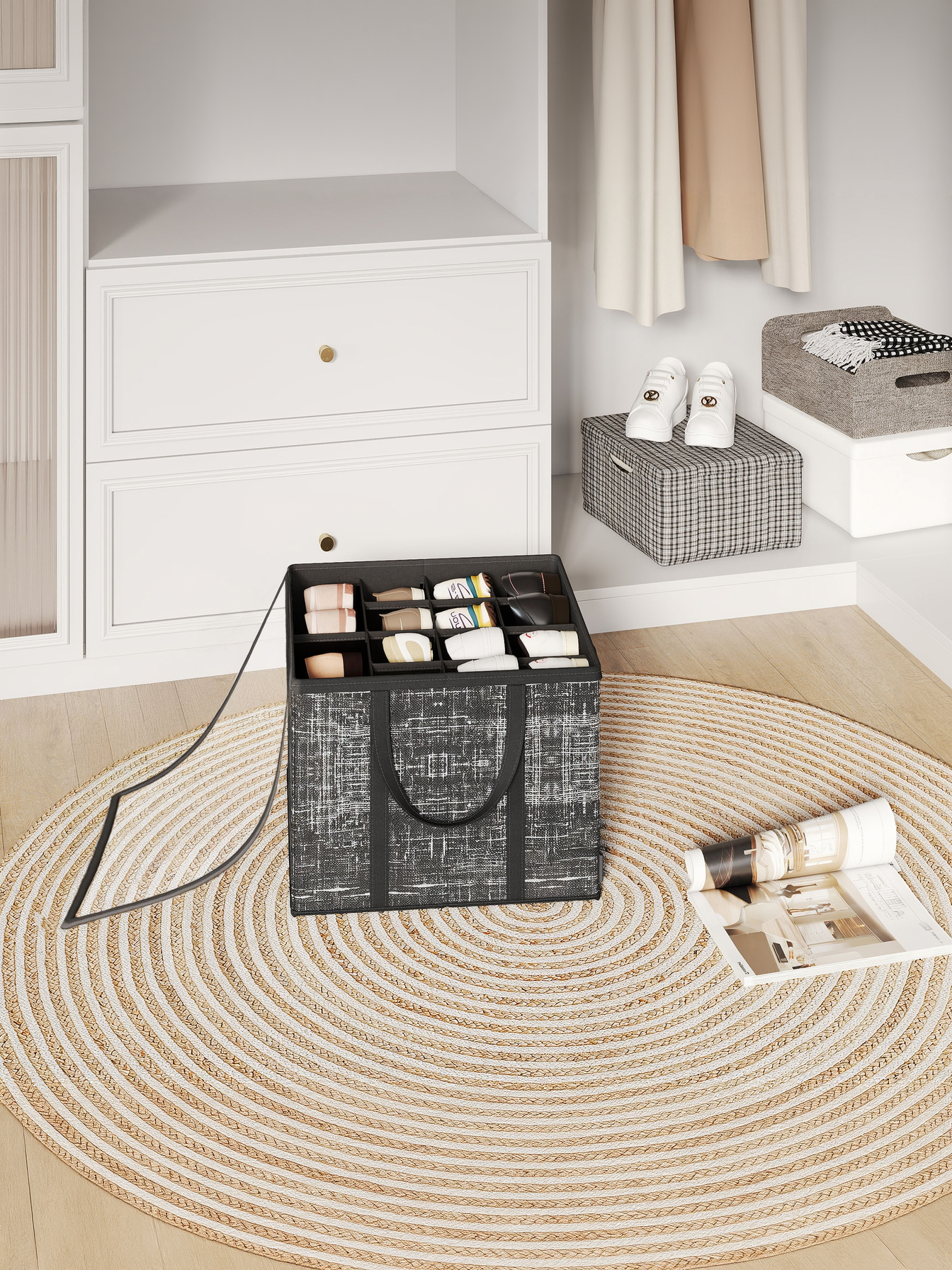 Shoe Storage Cube with Transparent Lid, 16-Pair Fabric Organizer Box with Handles for Closet and Entryway, Ink Black