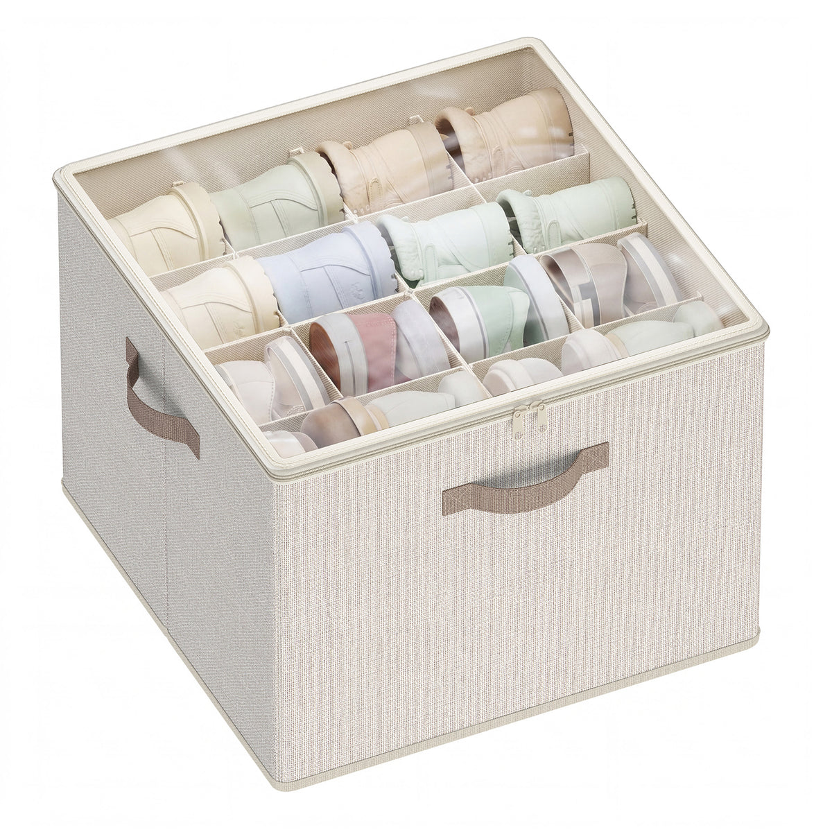 LEDREM Shoe Organizer with Clear Lid, Stackable Storage Box, Adjustable, 43 x 43 x 32 cm, Cappuccino Beige
