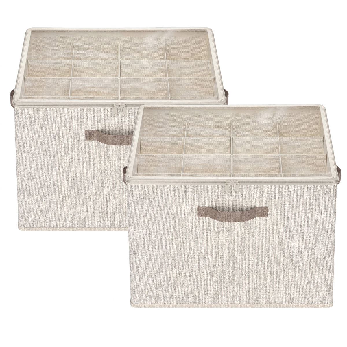 LEDREM Shoe Organizer Set of 2 with Adjustable Dividers, Stackable Storage Box, 16.9 x 16.9 x 12.6 Inches, Beige