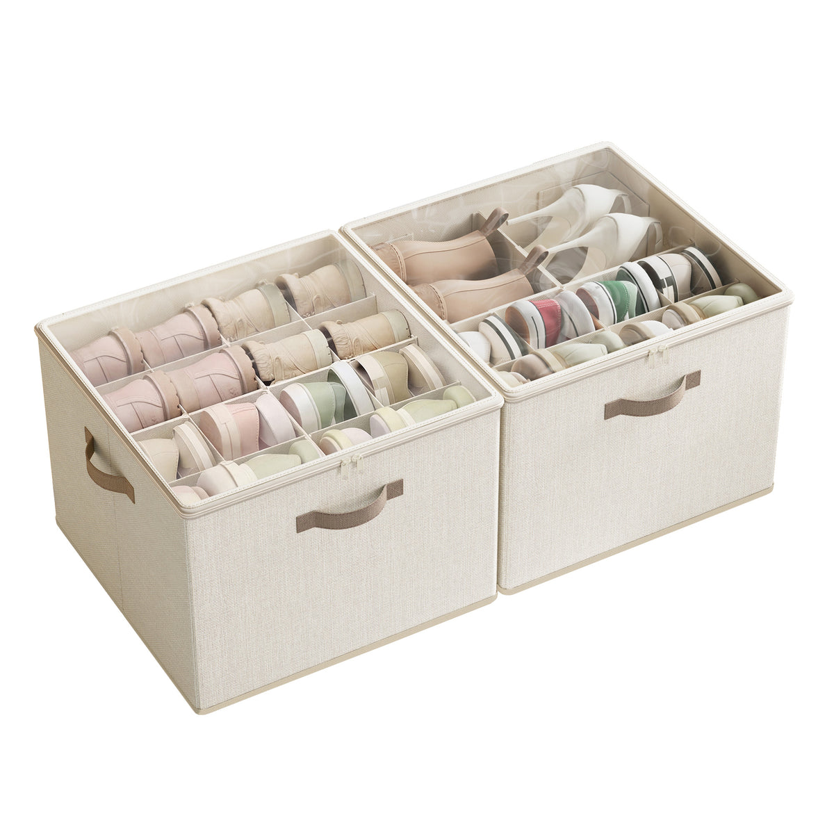 LEDREM Shoe Organizer Set of 2 with Adjustable Dividers, Stackable Storage Box, 16.9 x 16.9 x 12.6 Inches, Beige
