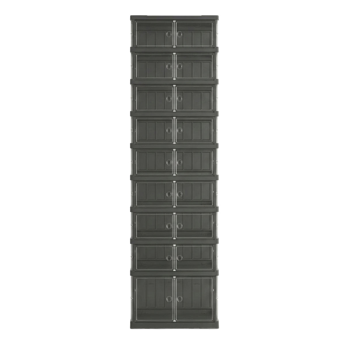 Foldable Shoe Storage Organizer, Stackable Sneaker Cabinet with Magnetic Clear Door, 9-Tier Plastic Container for 18 Pairs, Transparent and Ink Black