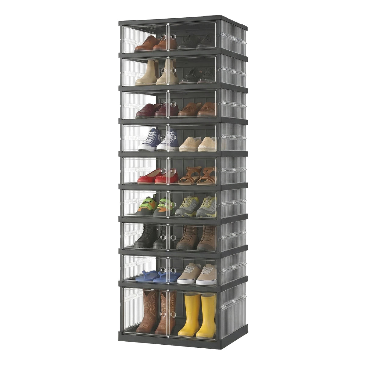 Foldable Shoe Storage Organizer, Stackable Sneaker Cabinet with Magnetic Clear Door, 9-Tier Plastic Container for 18 Pairs, Transparent and Ink Black