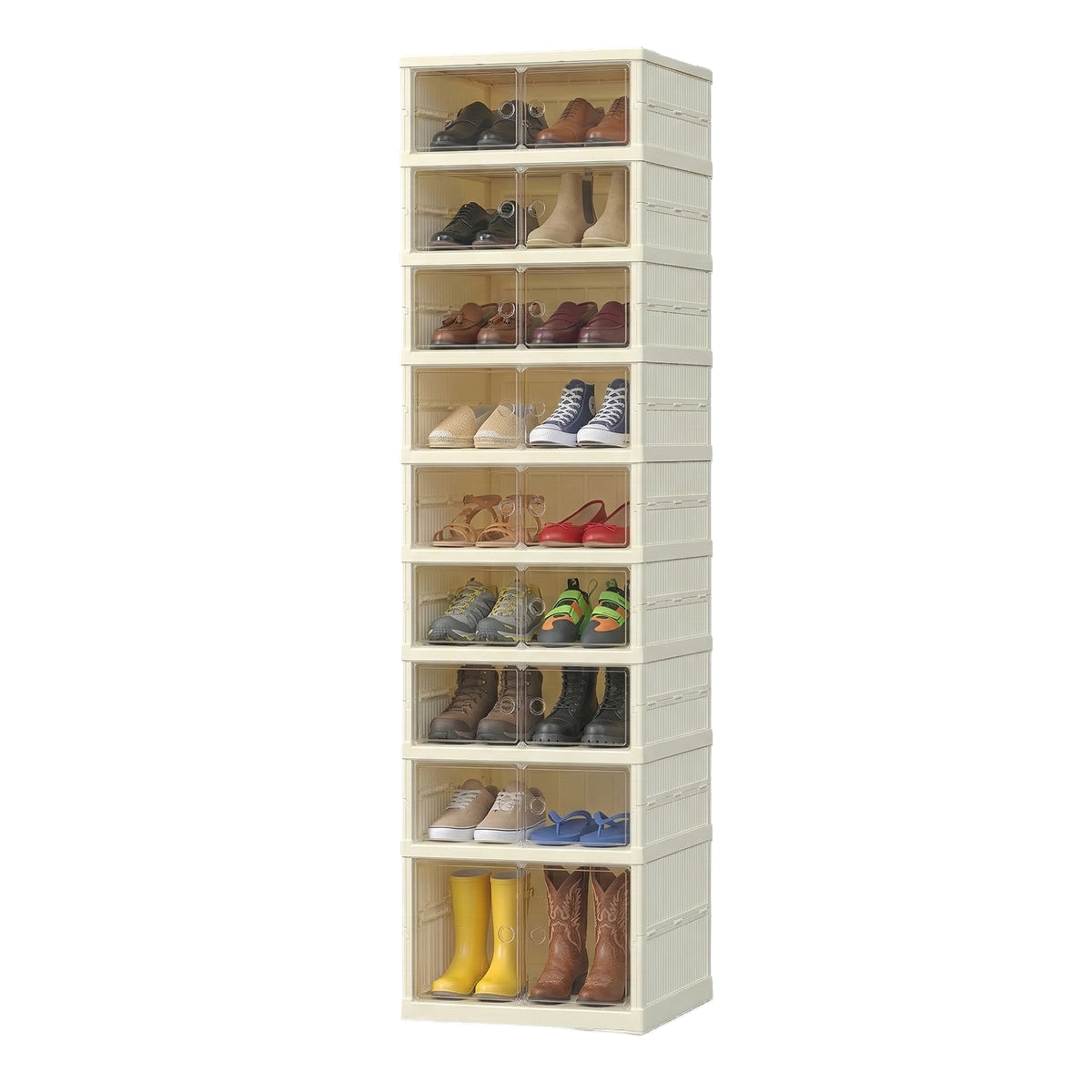 Foldable Shoe Storage Organizer, Stackable Sneaker Cabinet with Magnetic Clear Door, 9-Tier Plastic Container for 18 Pairs, Cream White