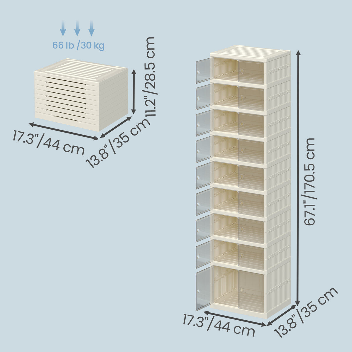 Foldable Shoe Storage Organizer, Stackable Sneaker Cabinet with Magnetic Clear Door, 9-Tier Plastic Container for 18 Pairs, Cream White