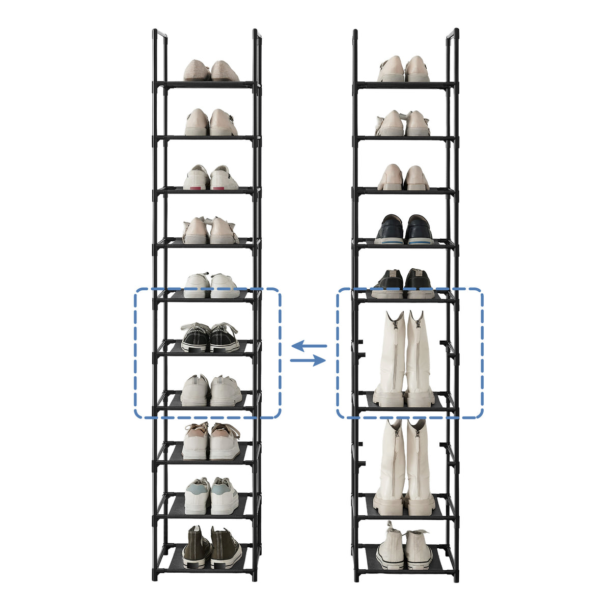 LEDREM Shoe Rack with 10 Shelves, Shoe Organizer, 13 x 13 x 68.1 in, Steel Frame, for Entryway, Black