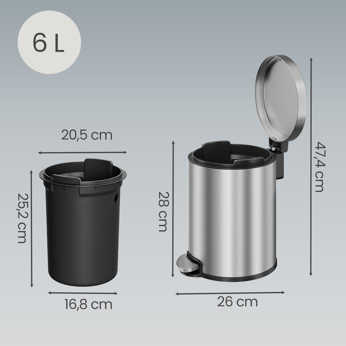 LEDREM Bathroom Trash Can with Soft-Close Lid and Removable Inner Bucket, Stainless Steel Step Pedal, 1.6 Gal., Silver