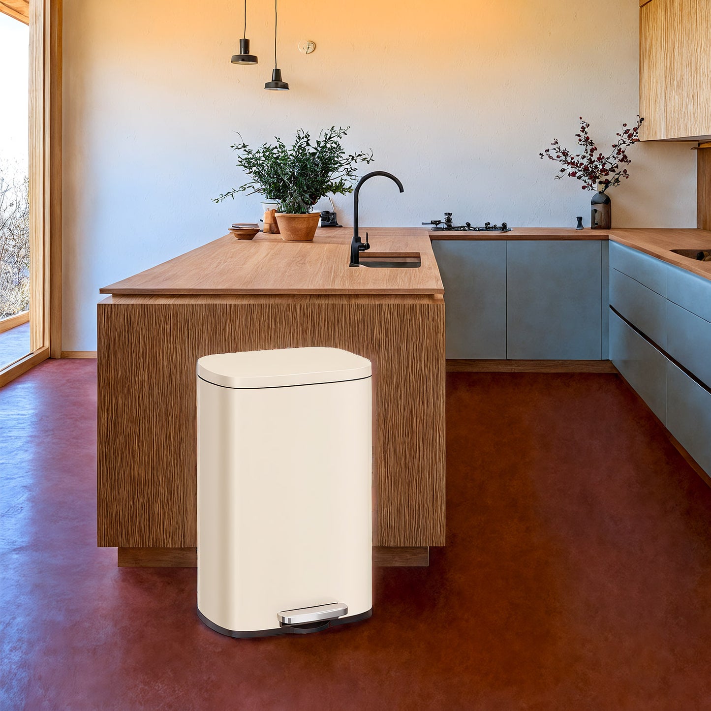 Stainless Steel 13 Gallon Step Trash Can, Soft-Close Lid with Odor Seal & Inner Bucket, Kitchen Recycling Bin,Sand Beige