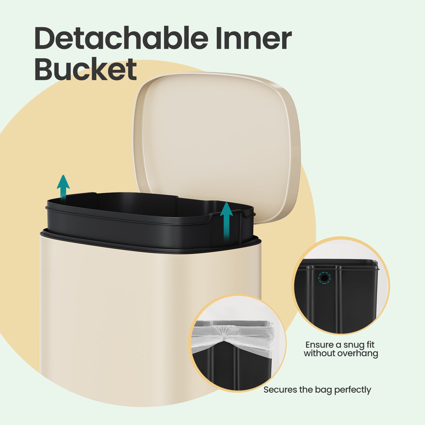 Stainless Steel 13 Gallon Step Trash Can, Soft-Close Lid with Odor Seal & Inner Bucket, Kitchen Recycling Bin,Sand Beige