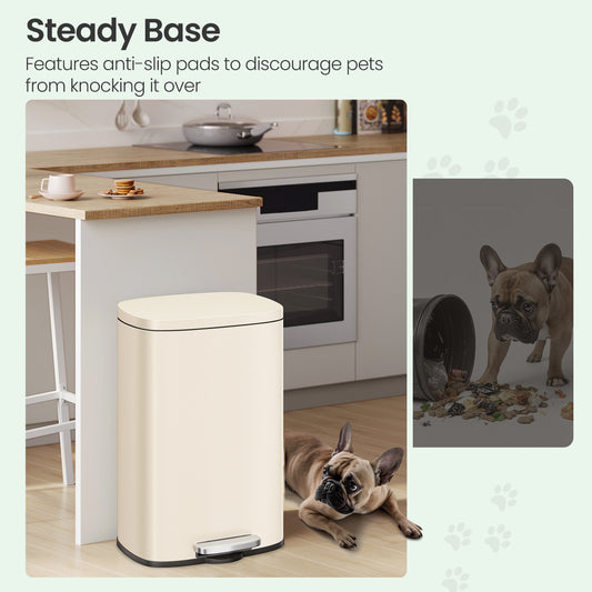 Stainless Steel 13 Gallon Step Trash Can, Soft-Close Lid with Odor Seal & Inner Bucket, Kitchen Recycling Bin,Sand Beige