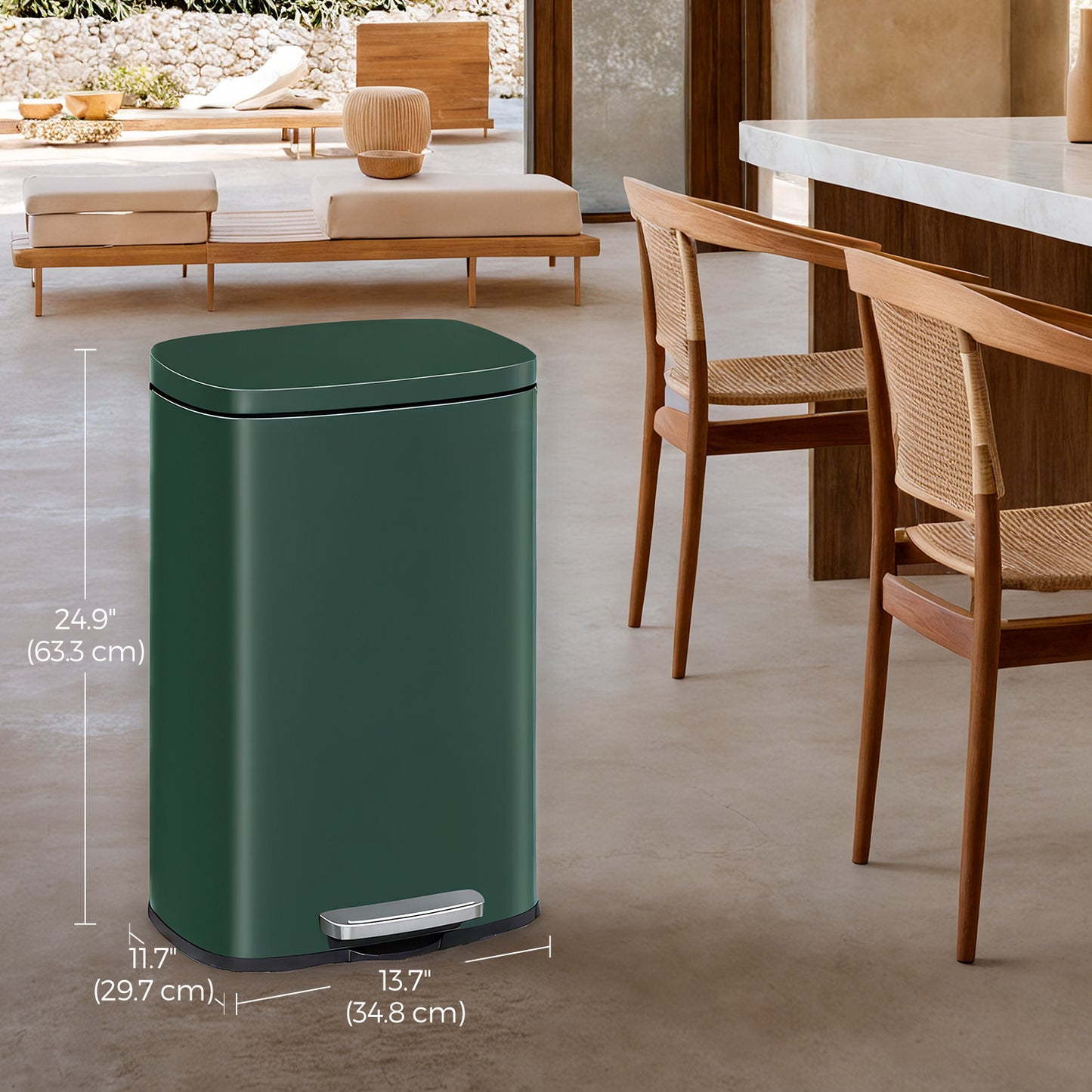 Stainless Steel 13 Gallon Step Trash Can, Soft-Close Lid with Odor Seal & Inner Bucket, Kitchen Recycling Bin,Retro Green