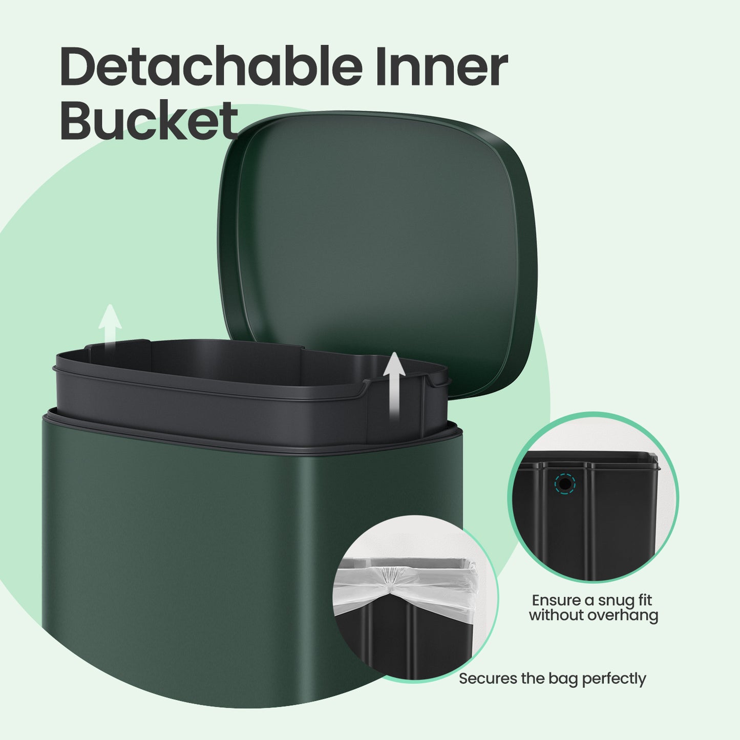 Stainless Steel 13 Gallon Step Trash Can, Soft-Close Lid with Odor Seal & Inner Bucket, Kitchen Recycling Bin,Retro Green