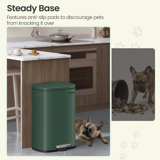 Stainless Steel 13 Gallon Step Trash Can, Soft-Close Lid with Odor Seal & Inner Bucket, Kitchen Recycling Bin,Retro Green