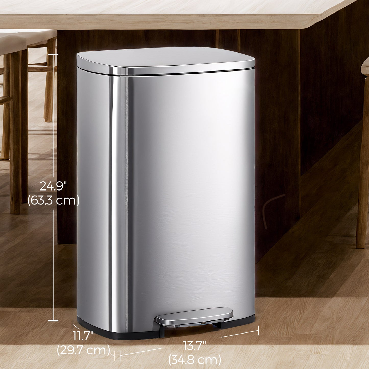 Stainless Steel 13 Gallon Step Trash Can, Soft-Close Lid with Odor Seal & Inner Bucket, Kitchen Recycling Bin,Silver