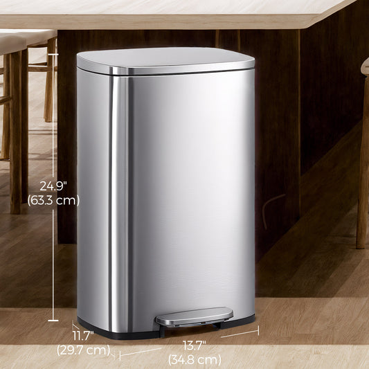Stainless Steel 13 Gallon Step Trash Can, Soft-Close Lid with Odor Seal & Inner Bucket, Kitchen Recycling Bin,Silver