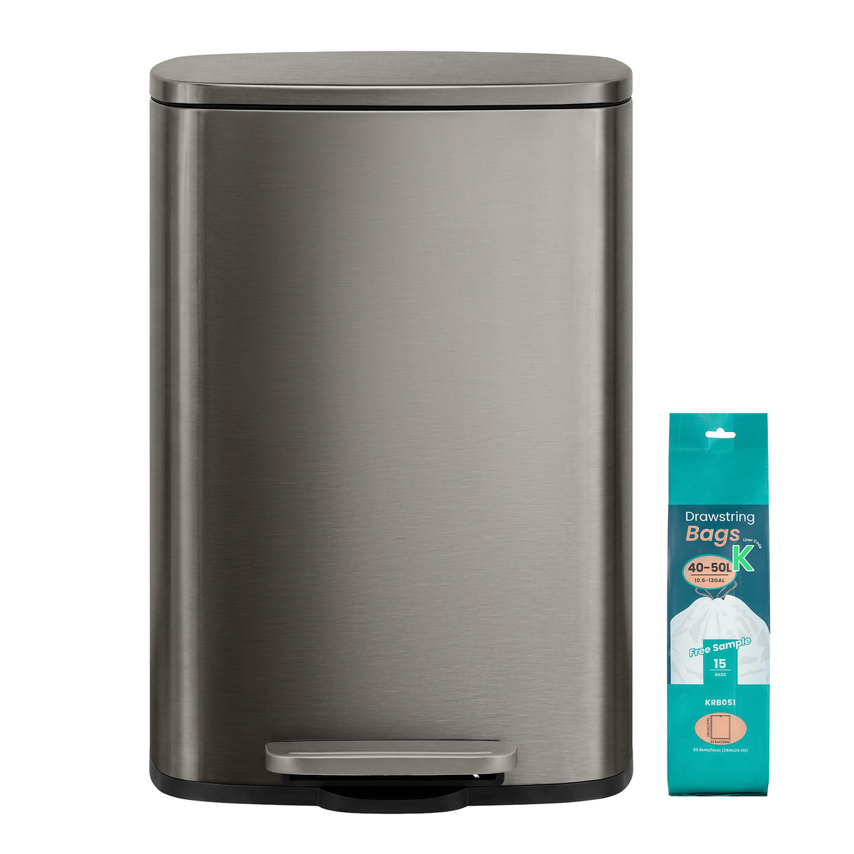LEDREM Trash Can 13 Gallons, Stainless Steel Step Pedal Bin with Inner Bucket, Soft Close for Kitchen, Silver Gray