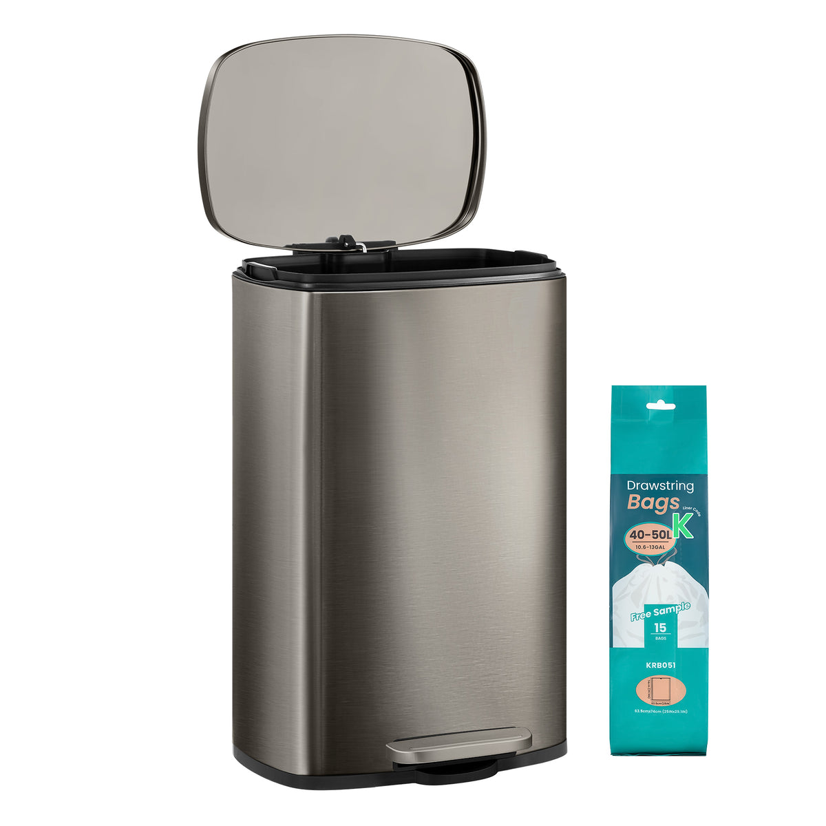 LEDREM Trash Can 13 Gallons, Stainless Steel Step Pedal Bin with Inner Bucket, Soft Close for Kitchen, Silver Gray