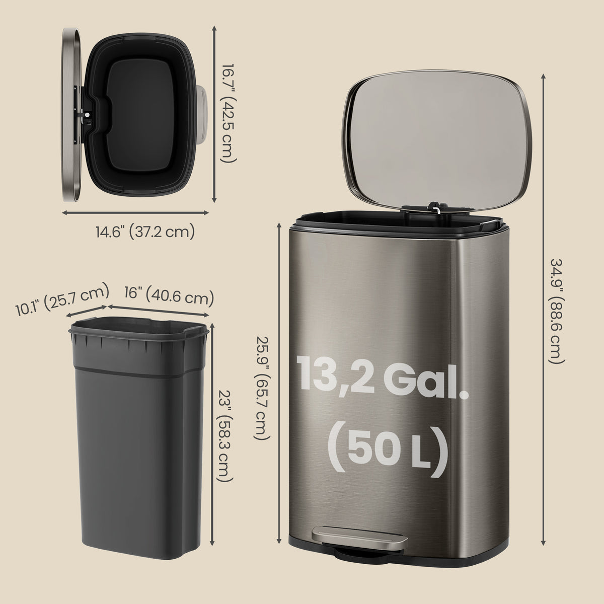 LEDREM Trash Can 13 Gallons, Stainless Steel Step Pedal Bin with Inner Bucket, Soft Close for Kitchen, Silver Gray