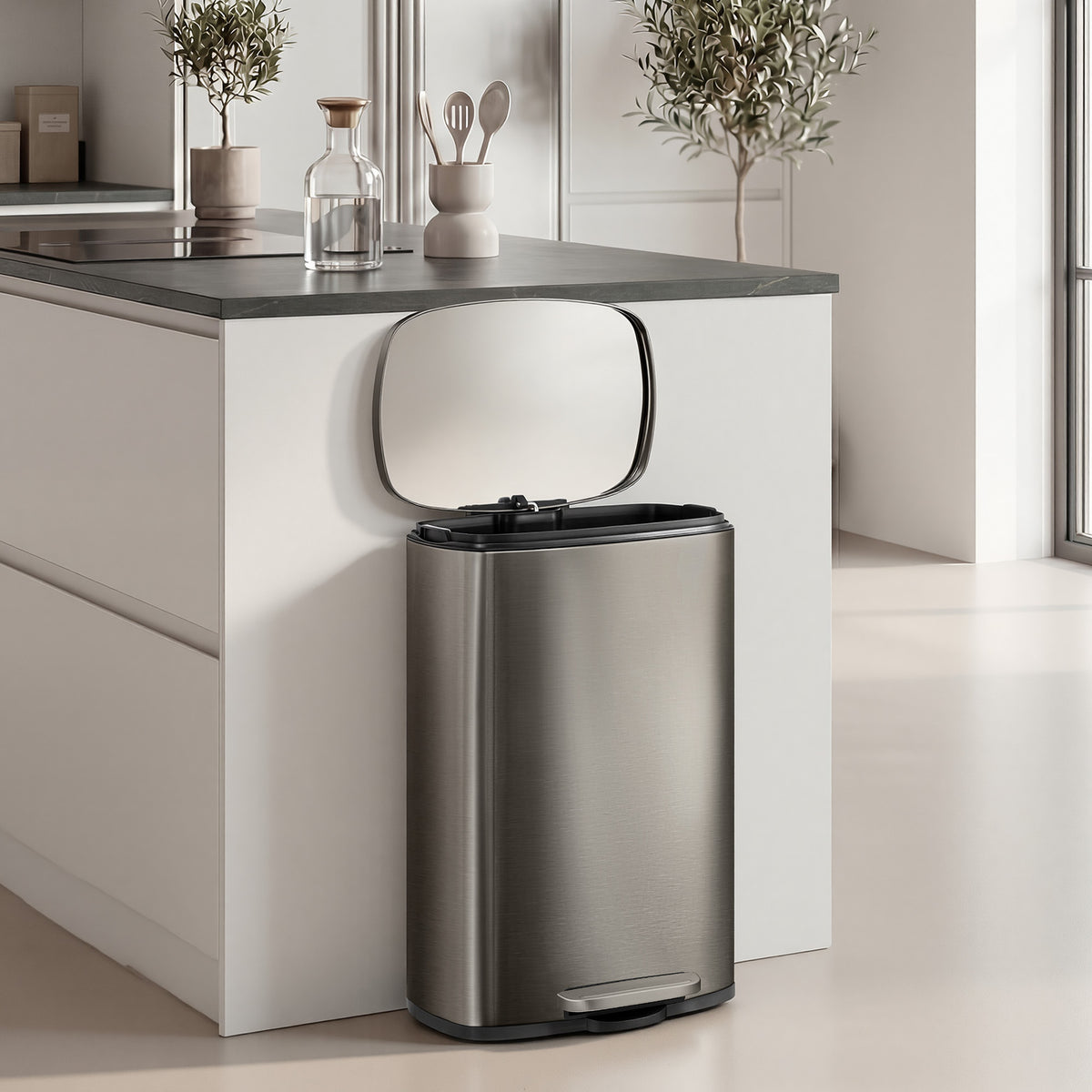 LEDREM Trash Can 13 Gallons, Stainless Steel Step Pedal Bin with Inner Bucket, Soft Close for Kitchen, Silver Gray