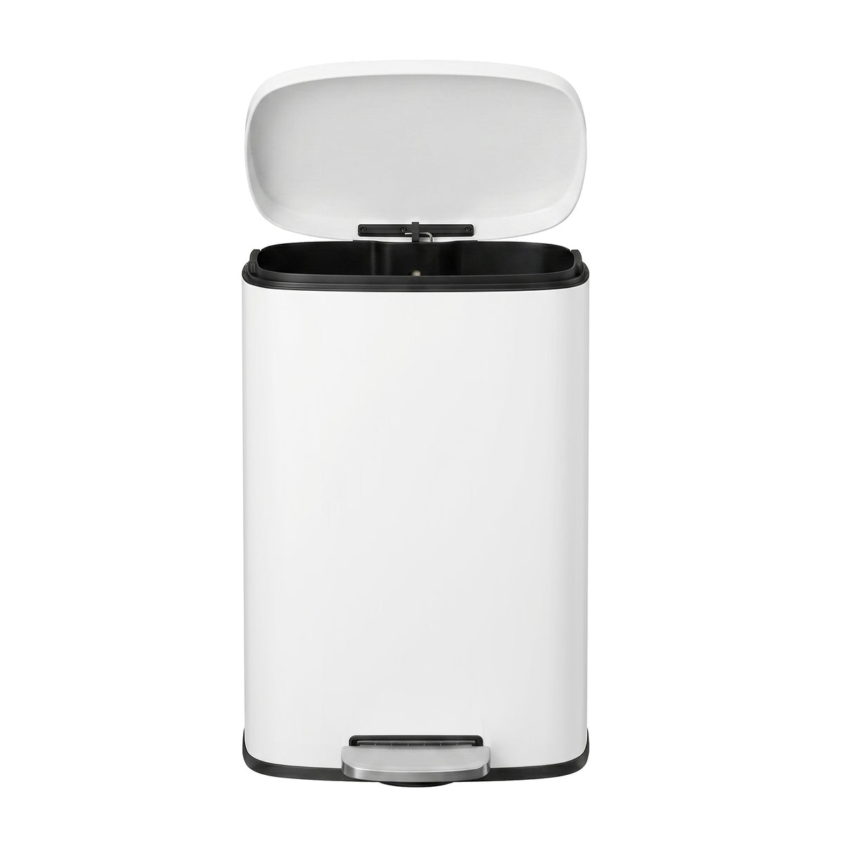 LEDREM Trash Can 13 Gallons, Steel Step Pedal Bin with Inner Bucket, Soft Close for Kitchen, White and Black