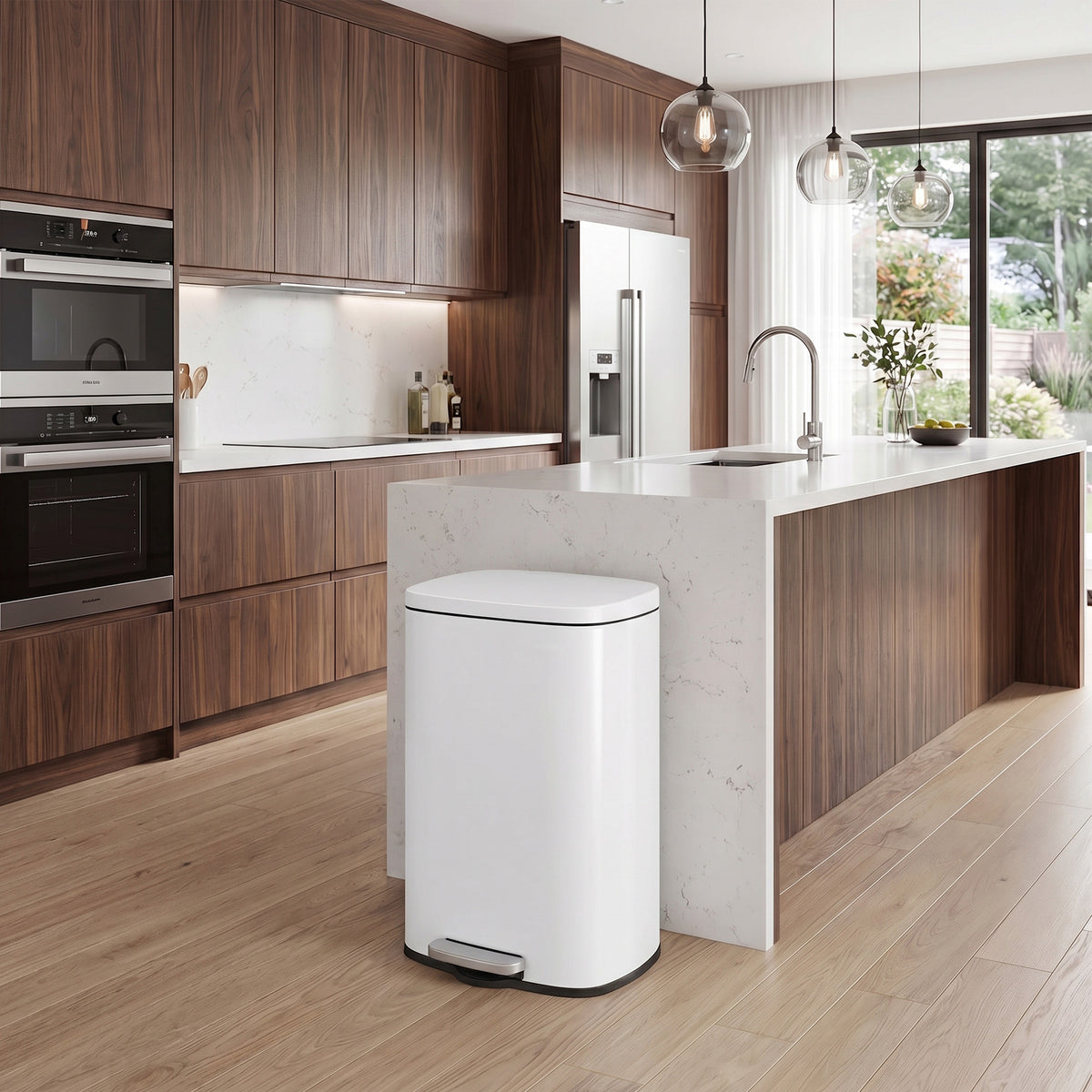 LEDREM Trash Can 13 Gallons, Steel Step Pedal Bin with Inner Bucket, Soft Close for Kitchen, White and Black