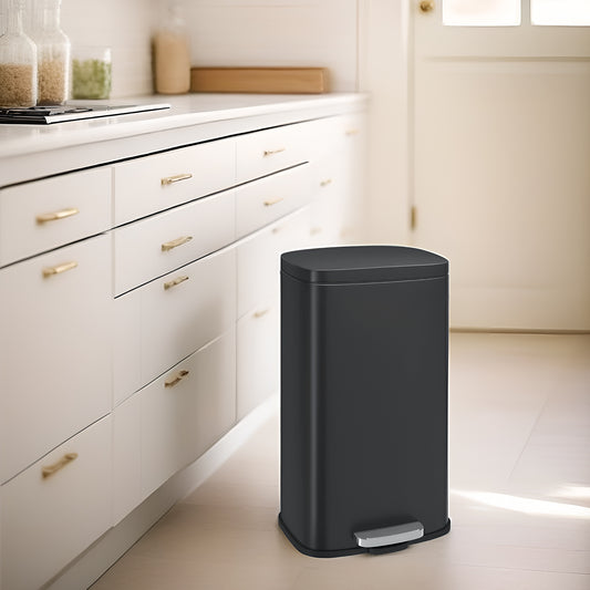 Stainless Steel 8 Gallon Step Trash Can, Soft-Close Lid with Inner Bucket, Compact Kitchen & Office Bin,Black