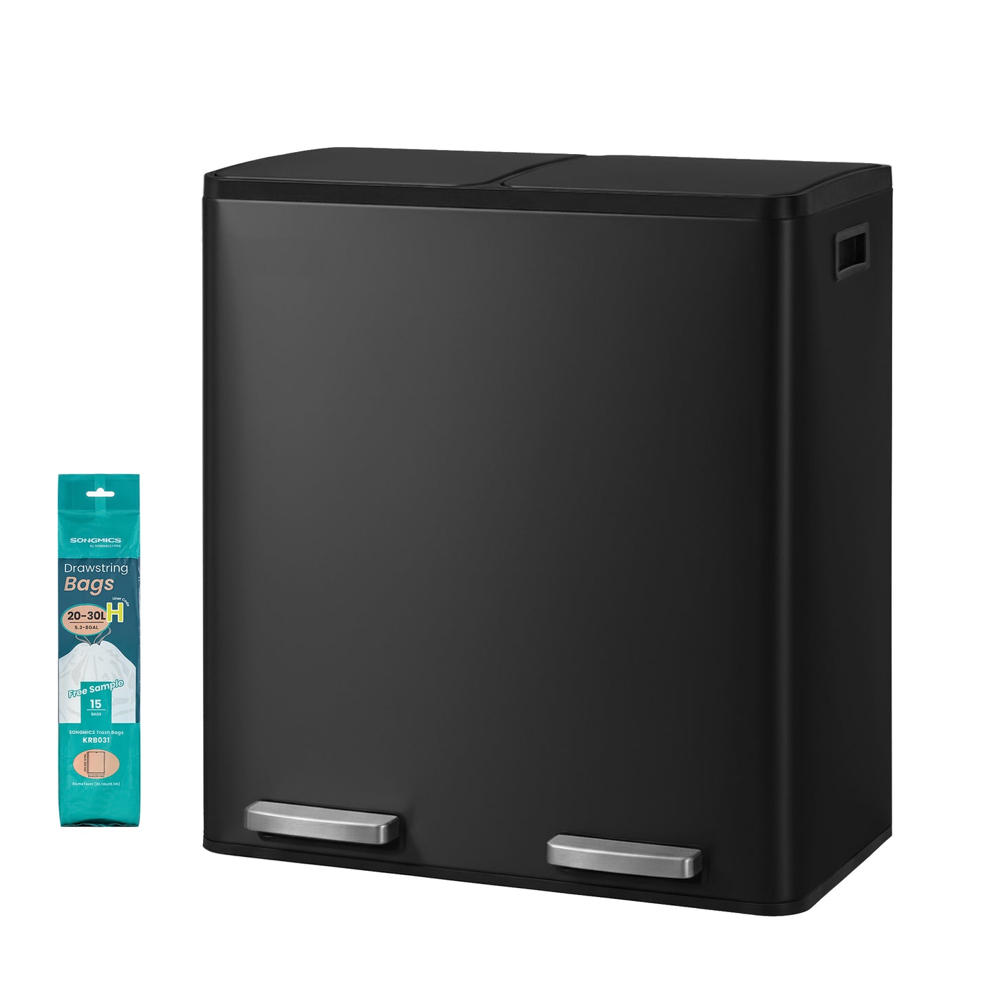 Trash Can, 16 Gal. Double Compartment Stainless Steel Step Garbage Can, 23.2 x 14.3 x 24.6 inches, Black