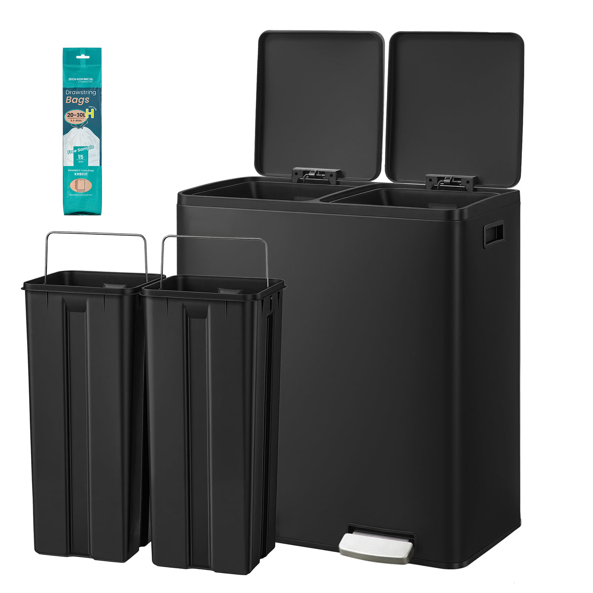 Trash Can, 16 Gal. Double Compartment Stainless Steel Step Garbage Can, 23.2 x 14.3 x 24.6 inches, Black
