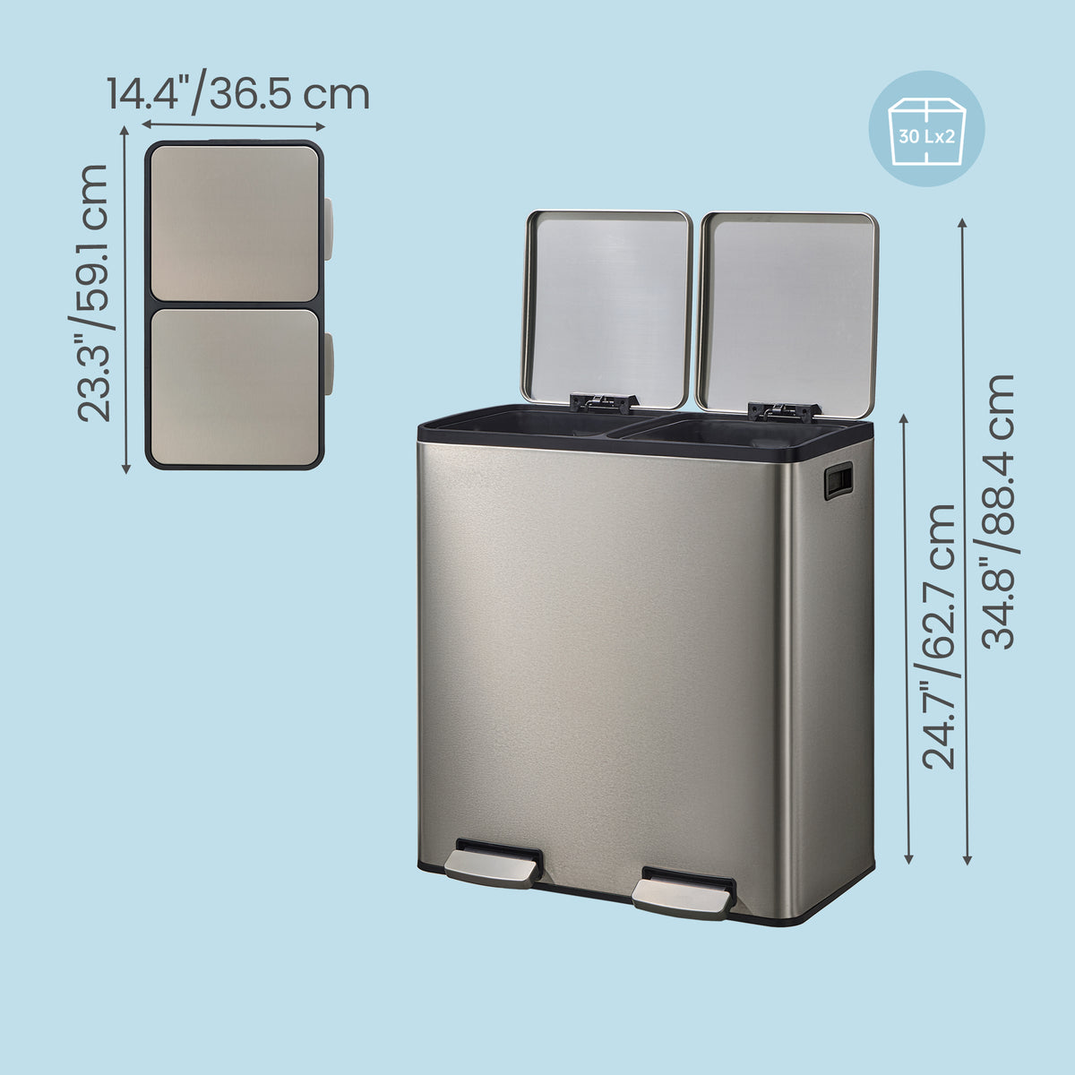 Trash Can, 60L Double Compartment Stainless Steel Step Garbage Can, 23.2 x 14.3 x 24.6 inches, Silver