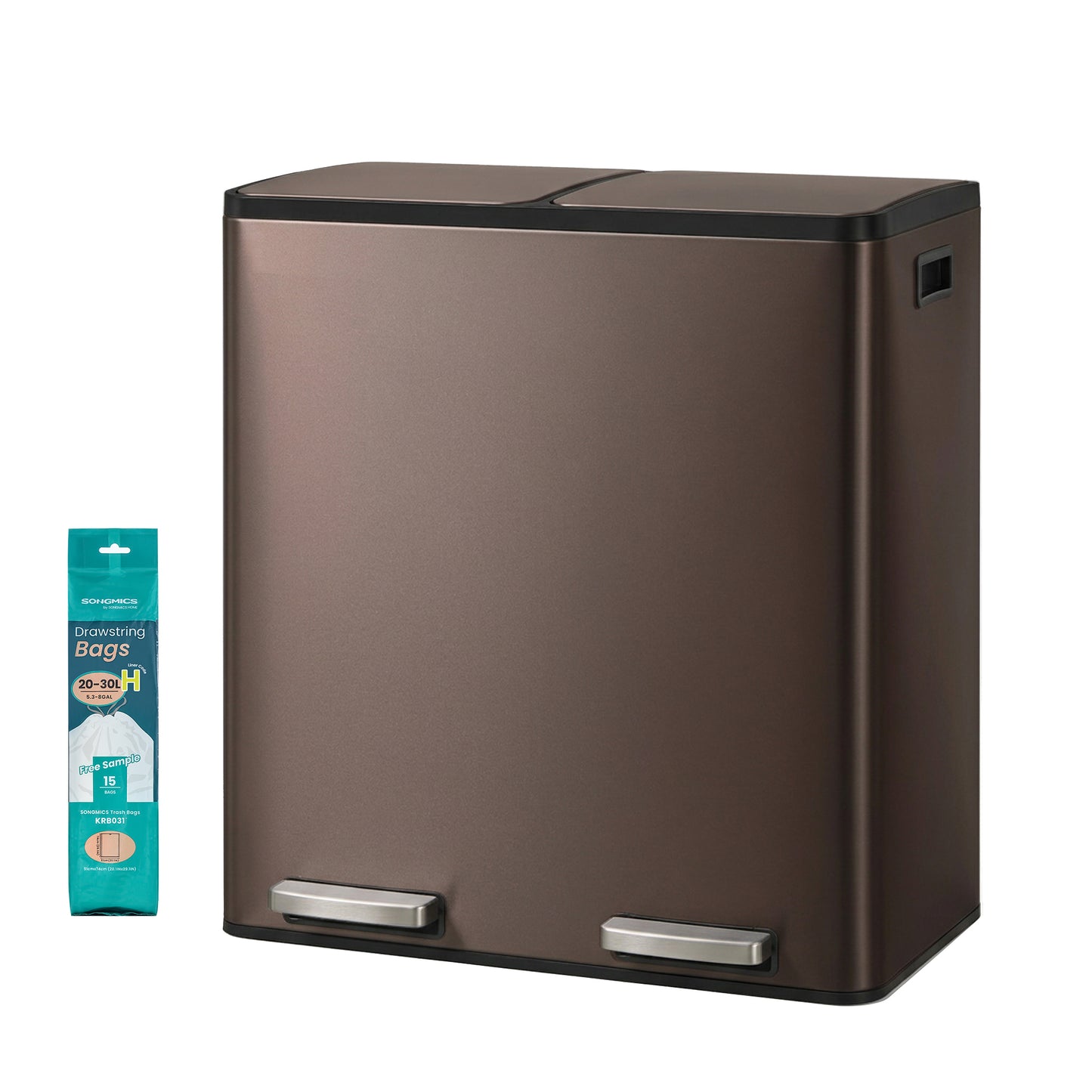 Trash Can, 60L Double Compartment Stainless Steel Step Garbage Can, 23.2 x 14.3 x 24.6 inches, Burgundy