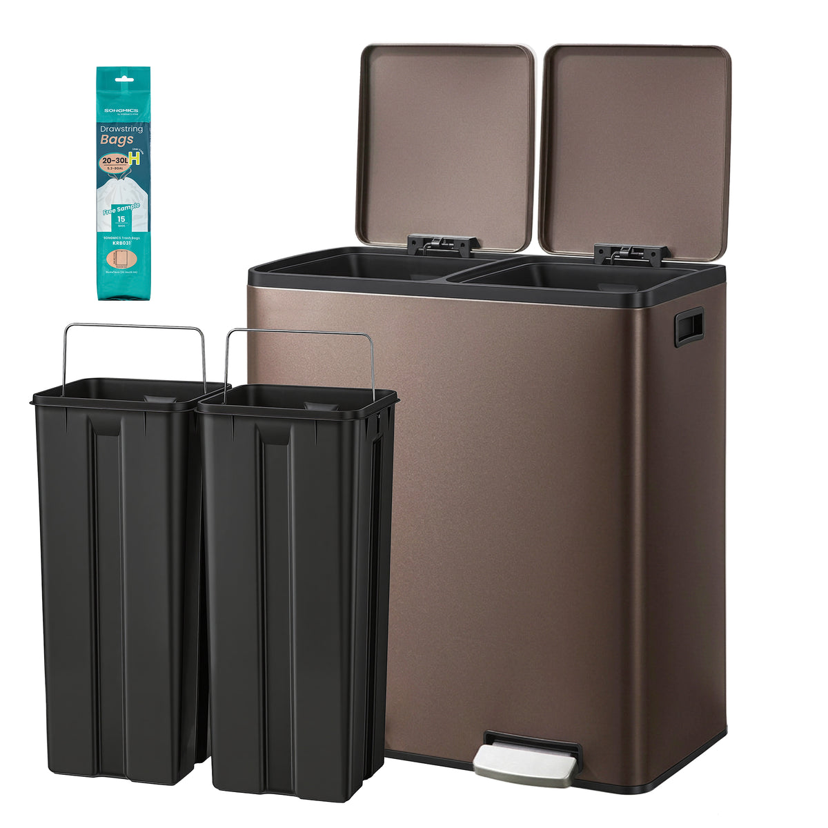 Trash Can, 60L Double Compartment Stainless Steel Step Garbage Can, 23.2 x 14.3 x 24.6 inches, Burgundy