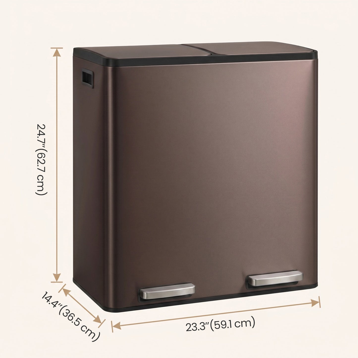 Trash Can, 60L Double Compartment Stainless Steel Step Garbage Can, 23.2 x 14.3 x 24.6 inches, Burgundy