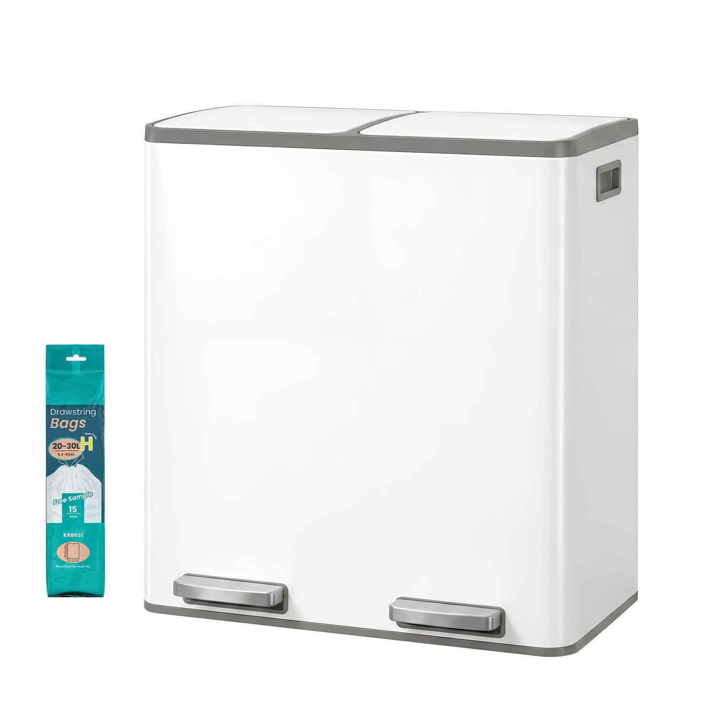 Trash Can, 16 Gal. Double Compartment Stainless Steel Step Garbage Can, 23.2 x 14.3 x 24.6 inches, White