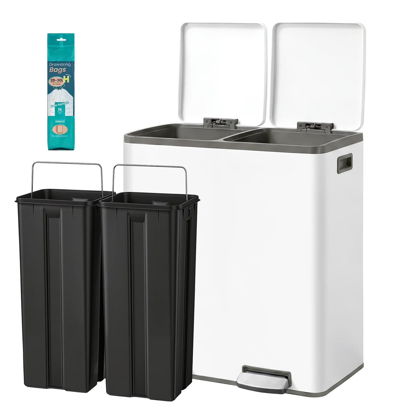 Trash Can, 16 Gal. Double Compartment Stainless Steel Step Garbage Can, 23.2 x 14.3 x 24.6 inches, White