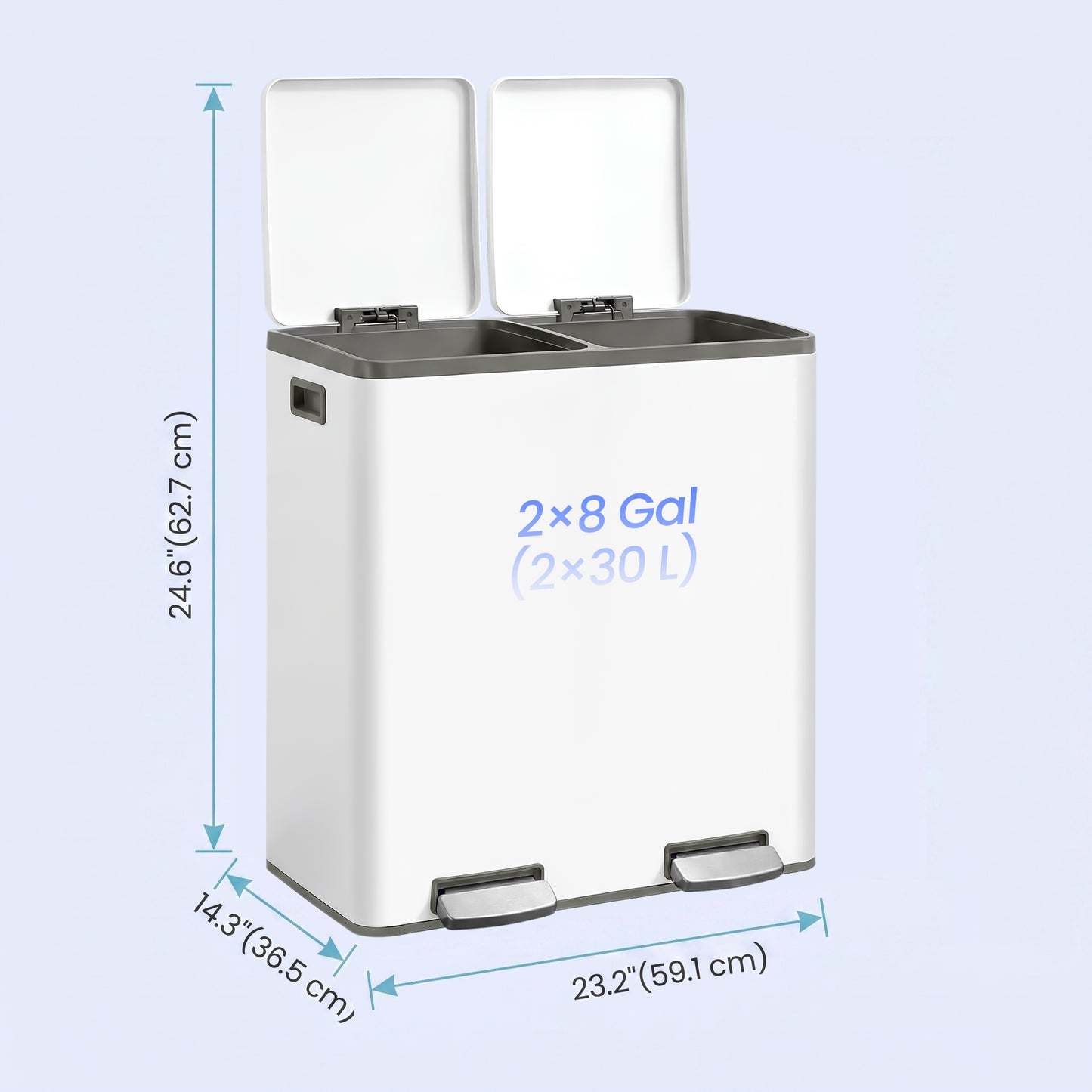Trash Can, 16 Gal. Double Compartment Stainless Steel Step Garbage Can, 23.2 x 14.3 x 24.6 inches, White
