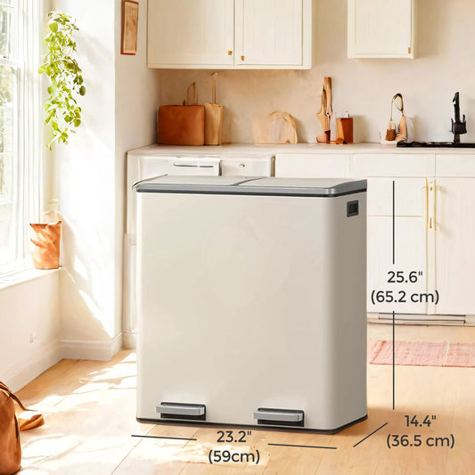 Dual 8 Gallon Kitchen Trash Can, 2 Compartments with Hinged Lids, Pedals & 15 Bags, Airtight Waste Bin, Almond Color